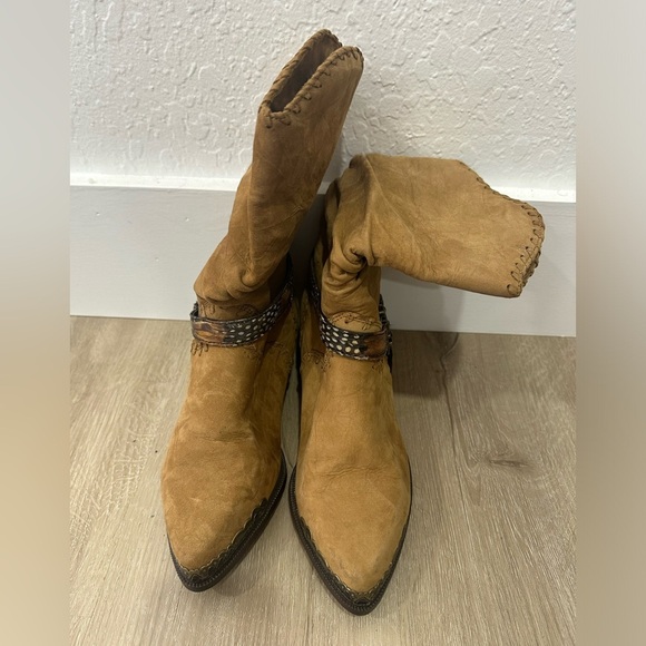 Vintage Zodiac Tan Leather Harness Cowboy Boots Size 7.5 Boho Western - Picture 1 of 5